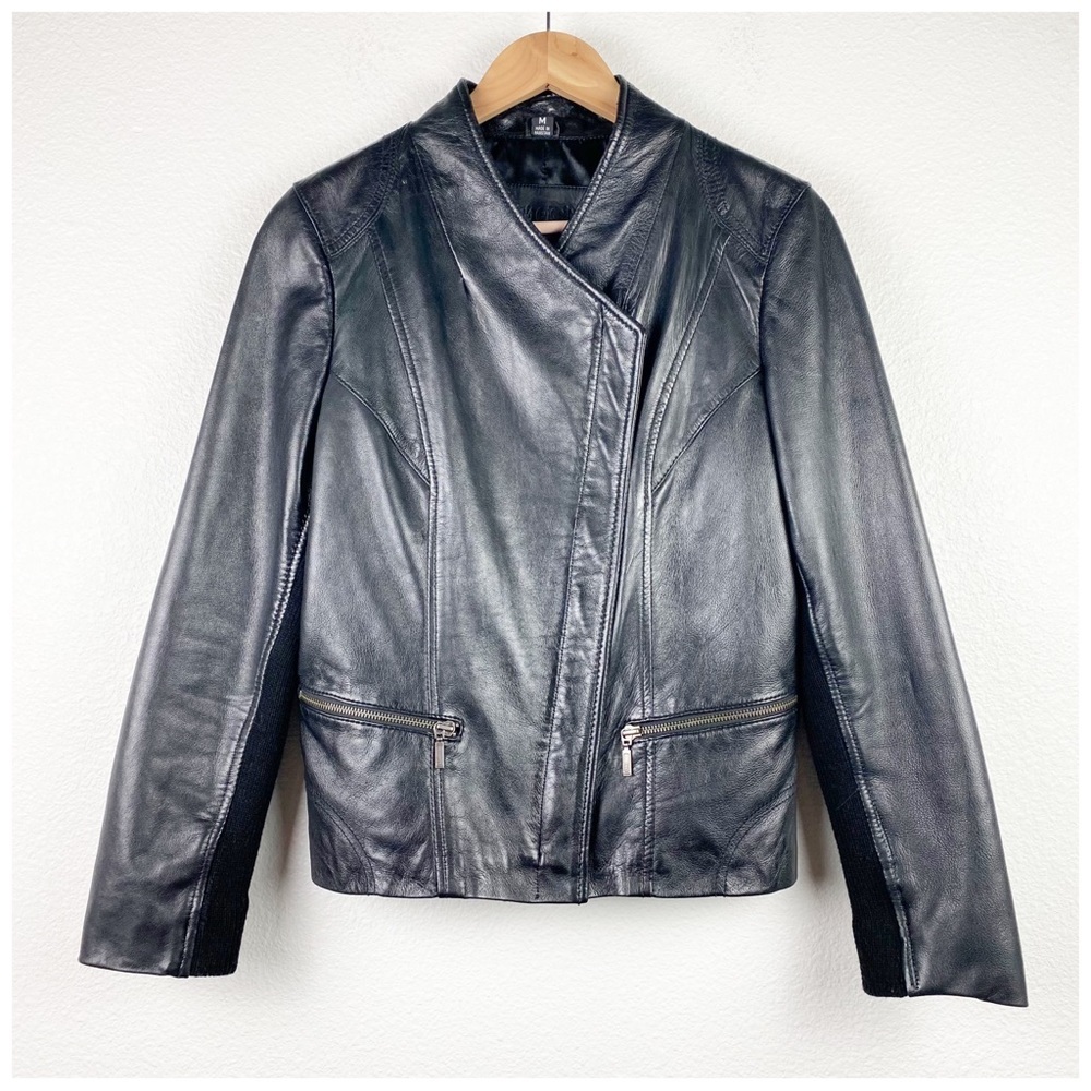 Whetblu Black Asymmetric Zip Leather Jacket Size Medium - Picture 3 of 11